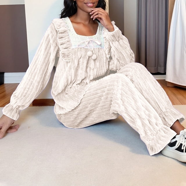 Ailaofu Ensemble de Pyjama en Molleton Peluche pour Femmes, Pyjama Doux et Confortable pour Femmes, Tenue de Nuit Chaude, Pyjama de Détente