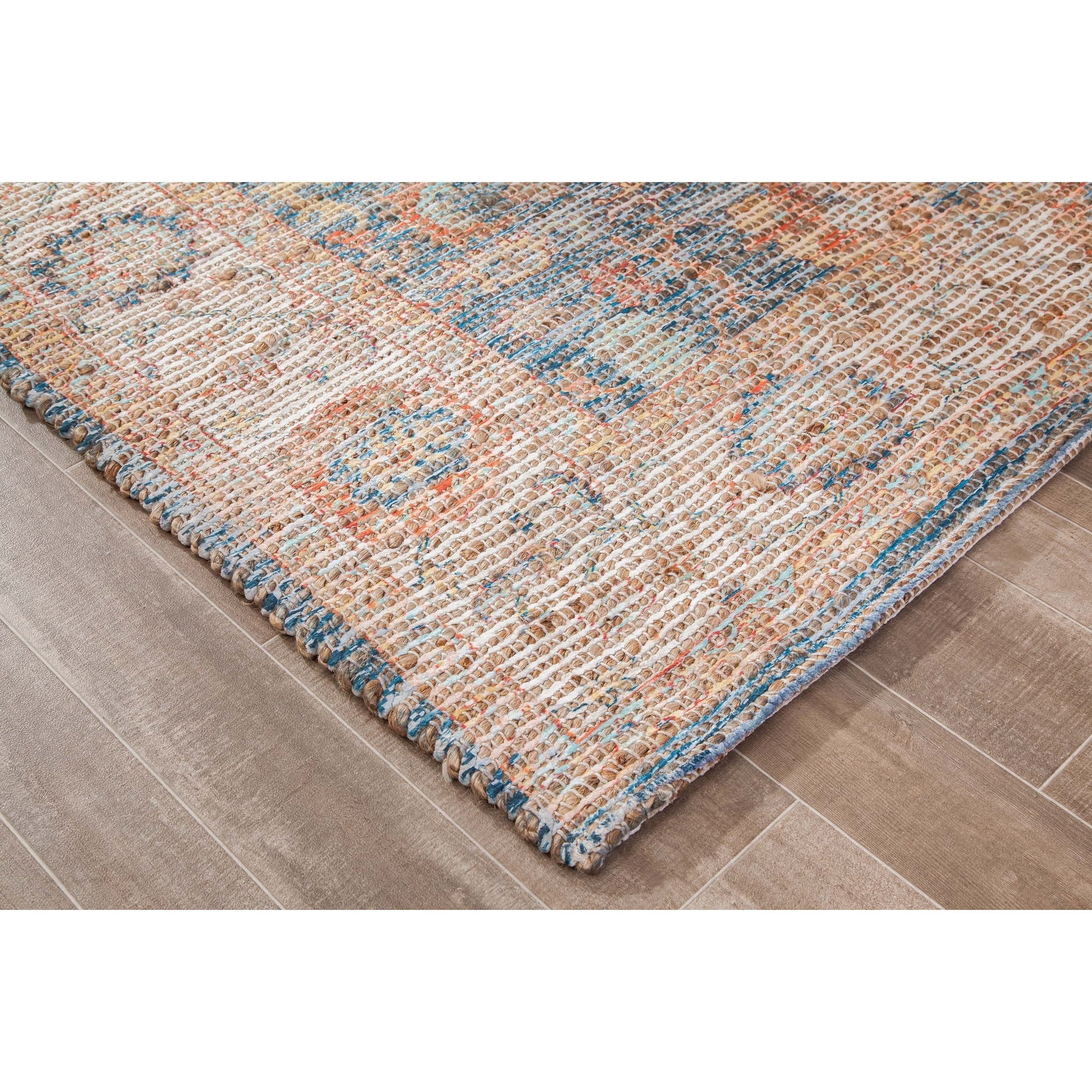 Jani  Lucy Blue Floral Jute/Chenille Area Rug 5' x 7' 5' x 8' Rectangle Hand-Woven, Flatweave