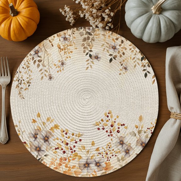 Fall Floral Round Braided Placemats Set of 2, Wildflower Plant Heat Insulation Place Mats Washable Non-Slip Table Mats for Kitchen Dining Party, 13 Inches