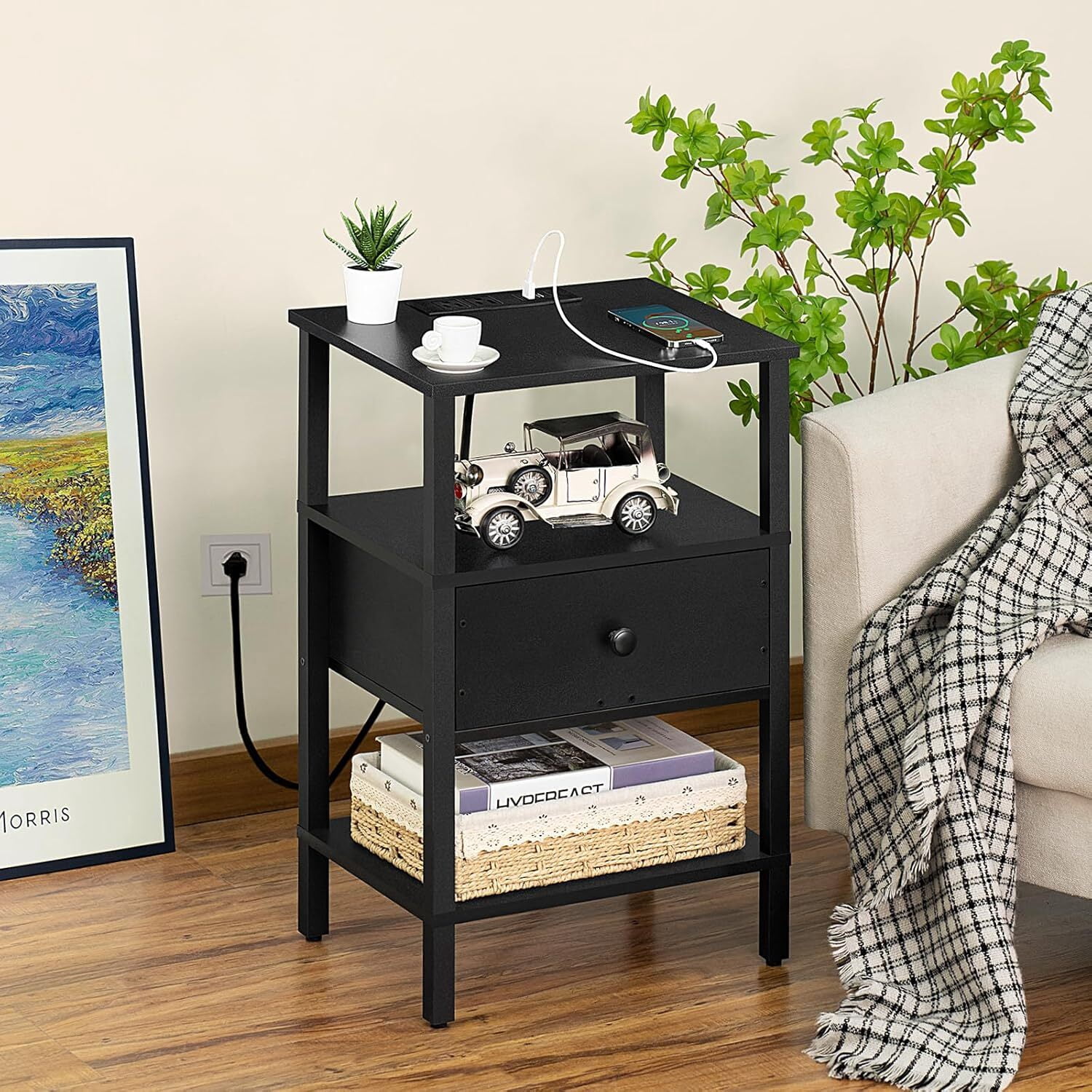 LEYAOYAO 3-Tier Narrow End Table with Charging Station, Wood Side Table for Living Room, Black