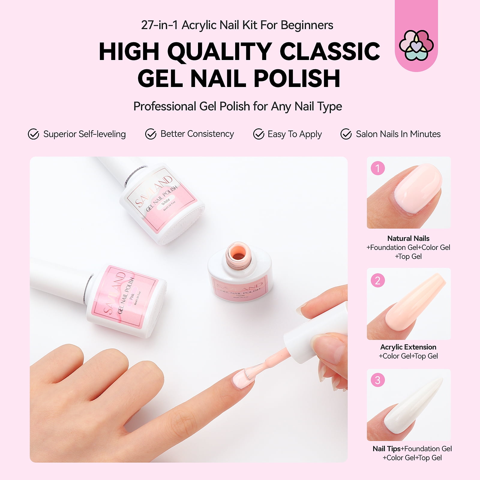 SAVILAND Complete Acrylic Nail Kit with U V Light : Acrylic Powder and Acrylic Liquid with Gel Nail Polish Nail Decoration Nail Art for Beginners