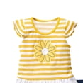 thumbnail image 4 of Conjuntos de blusas y camisas de cuello redondo y manga corta para niños, top con estampado a rayas y cuello redondo con mangas voladoras y pantalones cortos de capa base de color liso, conjunto infor, 4 of 5