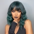 thumbnail image 5 of LHWEN European And American Style Gradient Green Shoulder Length Short Curly Ladies High Temperature Silk Wig Hair Cover For Festival Party 35cm / 14inches Beauty Salon Straight Hair Fun Lace Wavy, 5 of 9