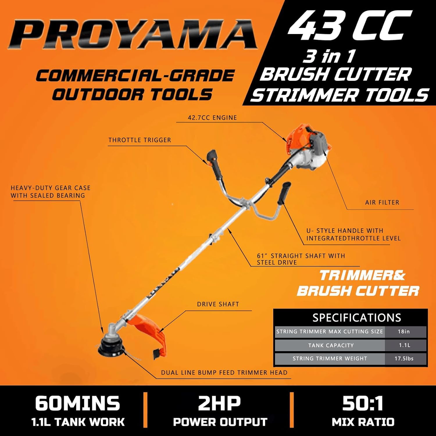 PROYAMA Brush Cutter/String Trimmer/Edger 42.7cc Gas Weed Eater/Wacker 4 in 1