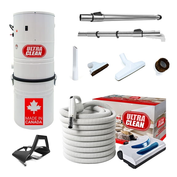 Ultra Clean SC100 Heavy Duty Powerful Central Vacuum System – Made in Canada – with Deluxe Electric Hose, Powerhead and Accessory Package (35 ft, Pigtail, White)