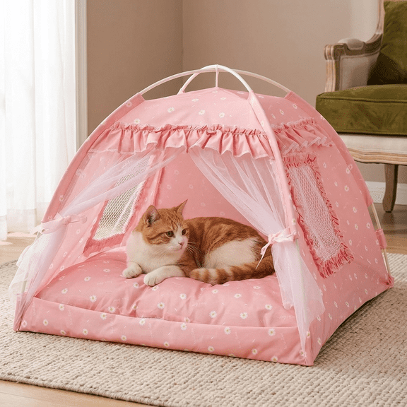 Cat Princess Bed Tent House – Cute Indoor Cat Bed, Small Dog House Indoor/Outdoor Cave Nest, Puppy Tent for Small Dogs & Cats (15.7" x 15.7" x 14.5", Pink)