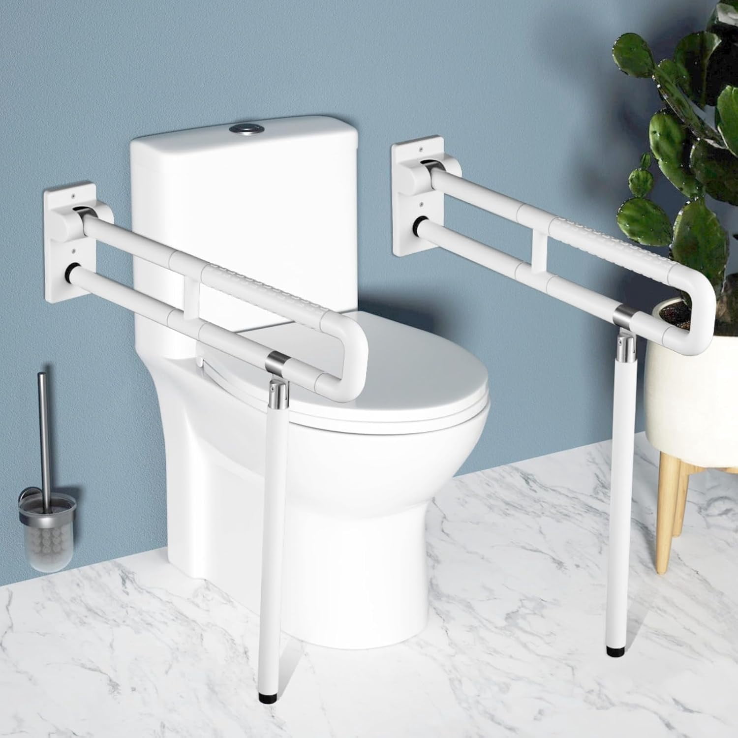 Flip Up Handicap Grab Bar, Wall Mounted Folding Toilet Safety Rail with Floor Support, Non-slip Toilet Handle for Bathroom, Assist Bar Handrails for Elderly Disabled Senior Pregnant
