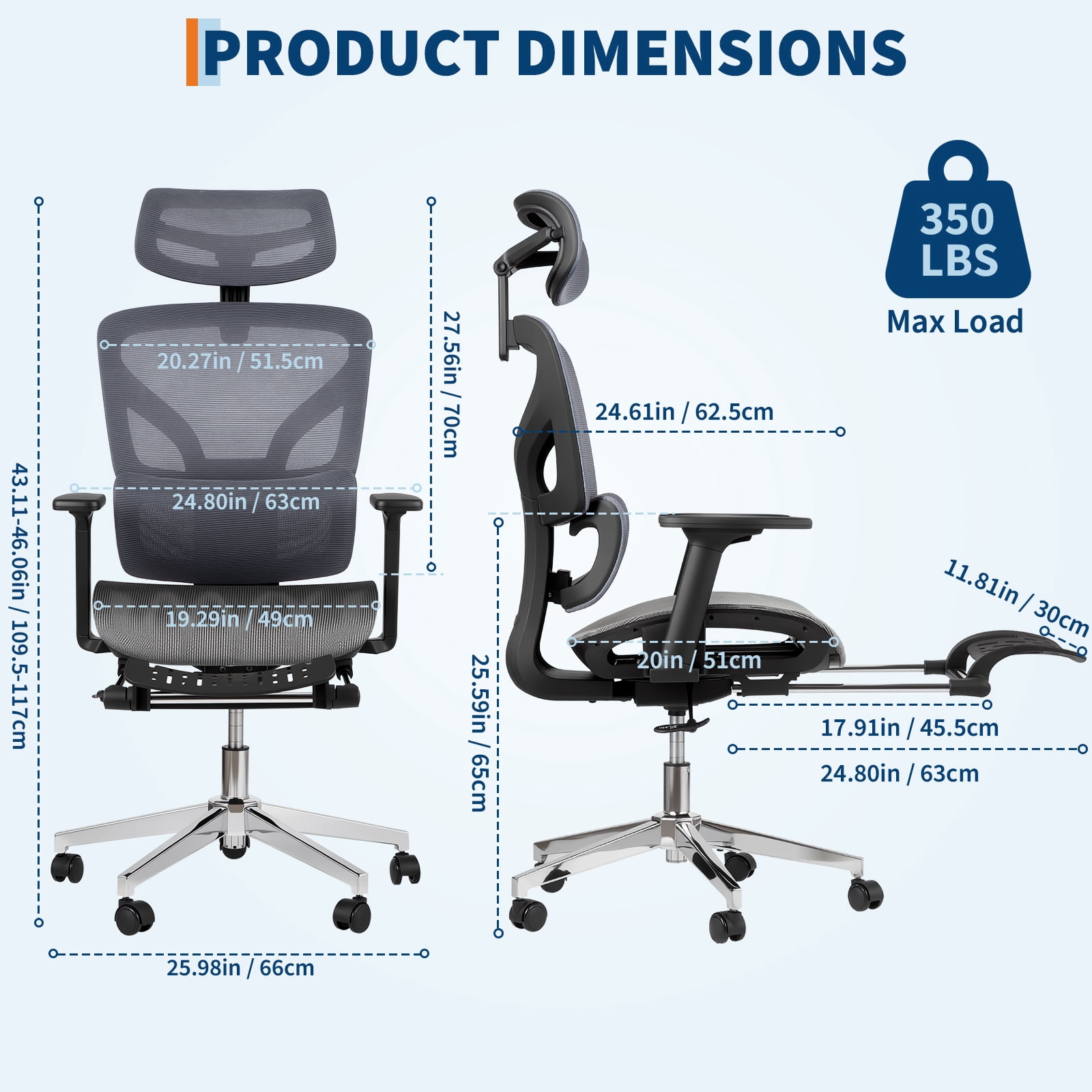 Ergonomic High Back Mesh Office Chair with 3D Adjustable Armrests, Lumbar Support, Seat Depth Adjustment, Retractable Footrest, and Smooth Rolling Wheels for Home Office