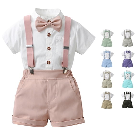 Kids Boys Clothes 3 Piece Outfit Toddler Short Sleeve Dress Shirt Suspenders Shorts Set with Shirt and Bowtie for Wedding Birthday Party Clothing Set