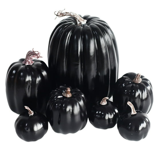 7PCS Extra Large Fake Pumpkins - Vibrant Black Foam Fall Decor for Harvest Season, Halloween Thanksgiving Home Outdoor Display