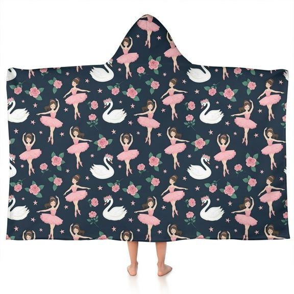 Dark Blue Ballerina Swan Pattern Hooded Bath Towel,50"x30" for Ages 3 To 12 Kids, Quick Dry Lightweight Soft Microfiber Hood Beach Towel Cover Up for Kids