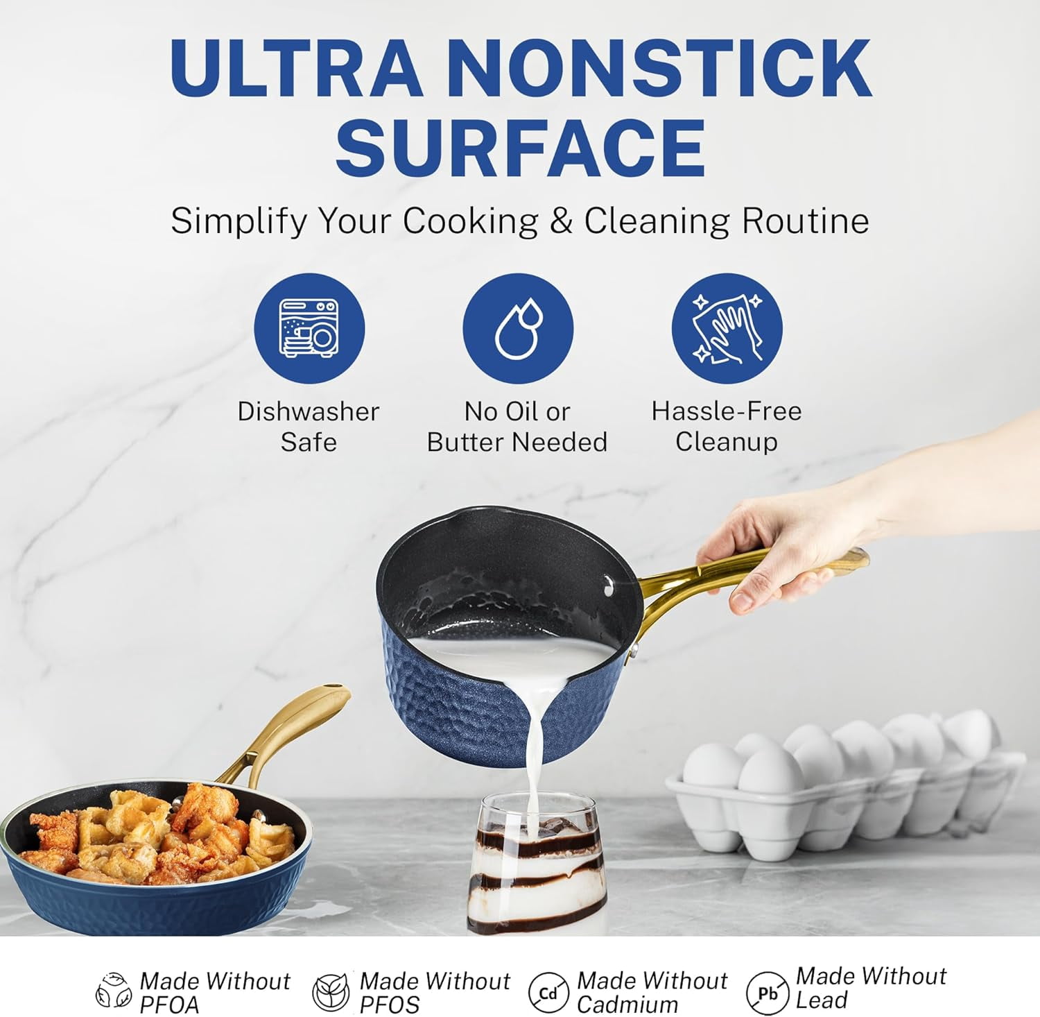 10 Inch Non Stick Frying Pan, Induction Compatible, Ceramic Coated, Dishwasher Safe, Navy Blue