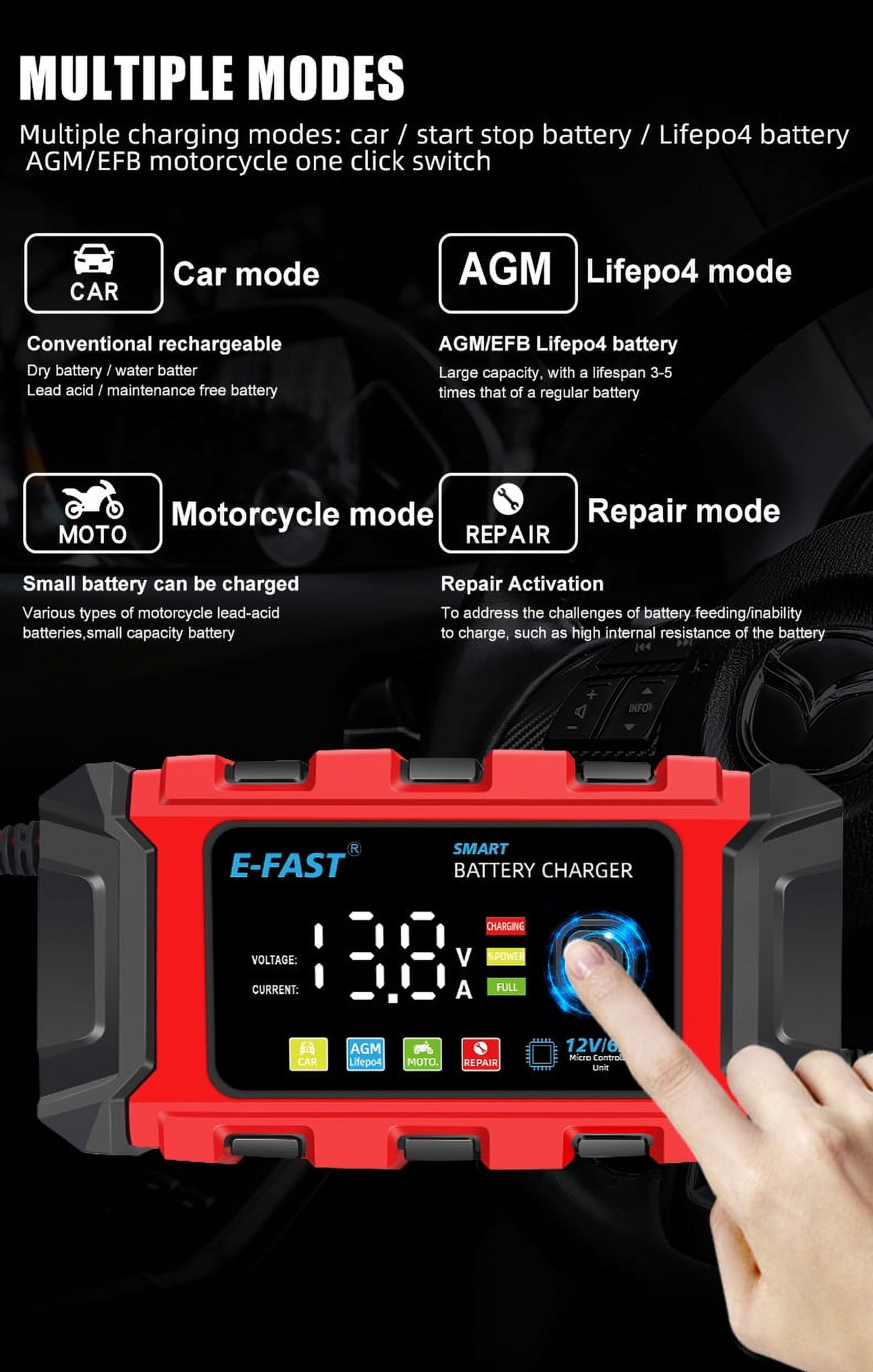 12V Car Battery Charger Automatic Lifepo4 Battery Tender AGM Repair Battery Maintainer 12 Volt Trickle Charger for Motorcycle