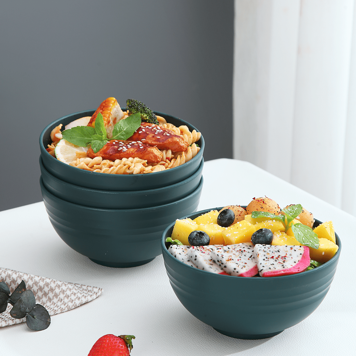 Reanea Cereal Bowls 8 Pieces, Unbreakable and Reusable Light Weight Bowl for Rice Noodle Soup Snack Salad Fruit BPA Free, Size: 6.14x6.14x8.46, Green