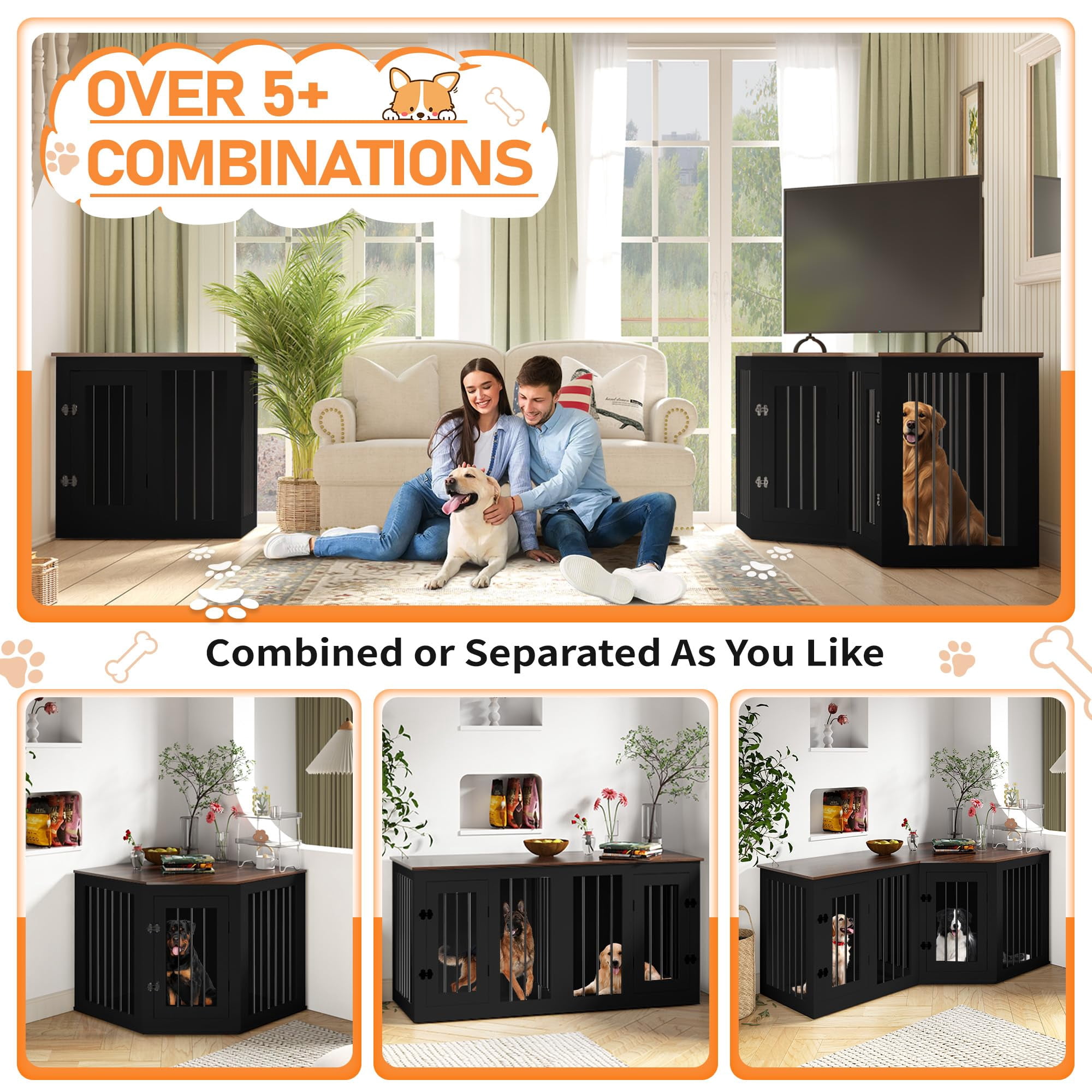 Large Dog Crate Furniture for 3 Dogs, Corner Dog Crate with Divider, 3 in 1 Heavy Duty Indoor Wooden Dog Kennel Furniture