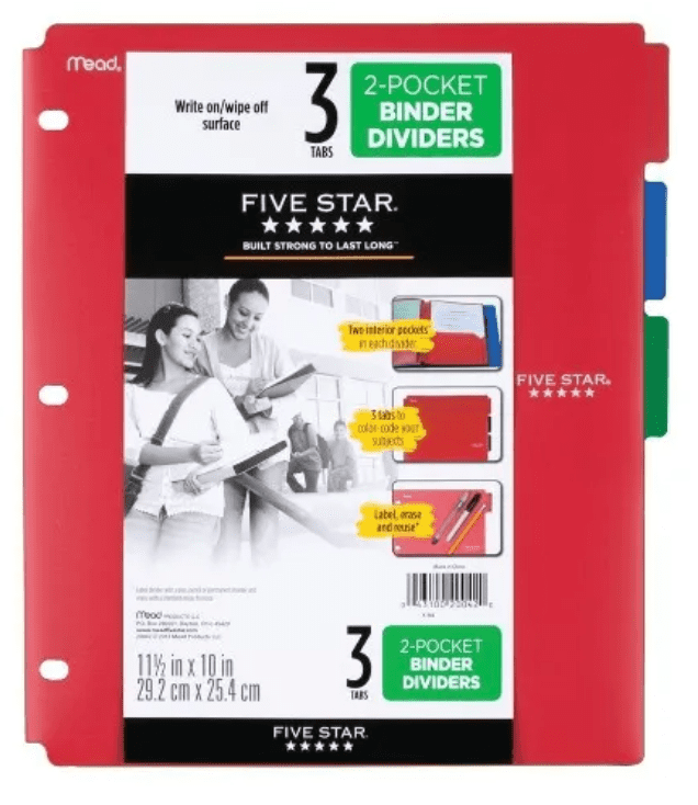 Five Star 2 Pocket Binder Dividers 3ct Red Blue Green