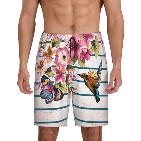 Naloa Bird and Floral Men's Short Pajama Pants, Lounge Comfort Shorts with Elasticized Waistband and Side Pockets - Small