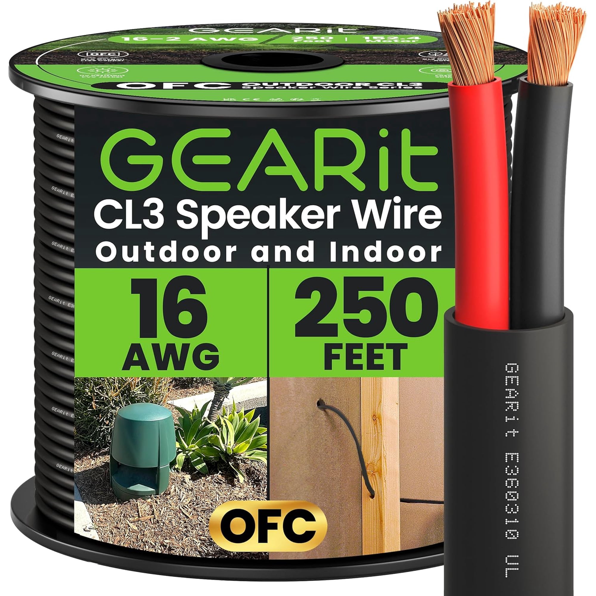 GEARit 250ft 16 Gauge Home Theater and Car Audio Speaker Wire, 2 Conductor Oxygen Free Copper CL3 Rated Sound Connection Cables