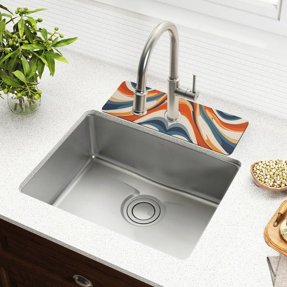 Yayeee Faucet Mat for Kitchen Sink 14.7" Diatomite Long Splash Guard Pad, Beige Abstract Wavy