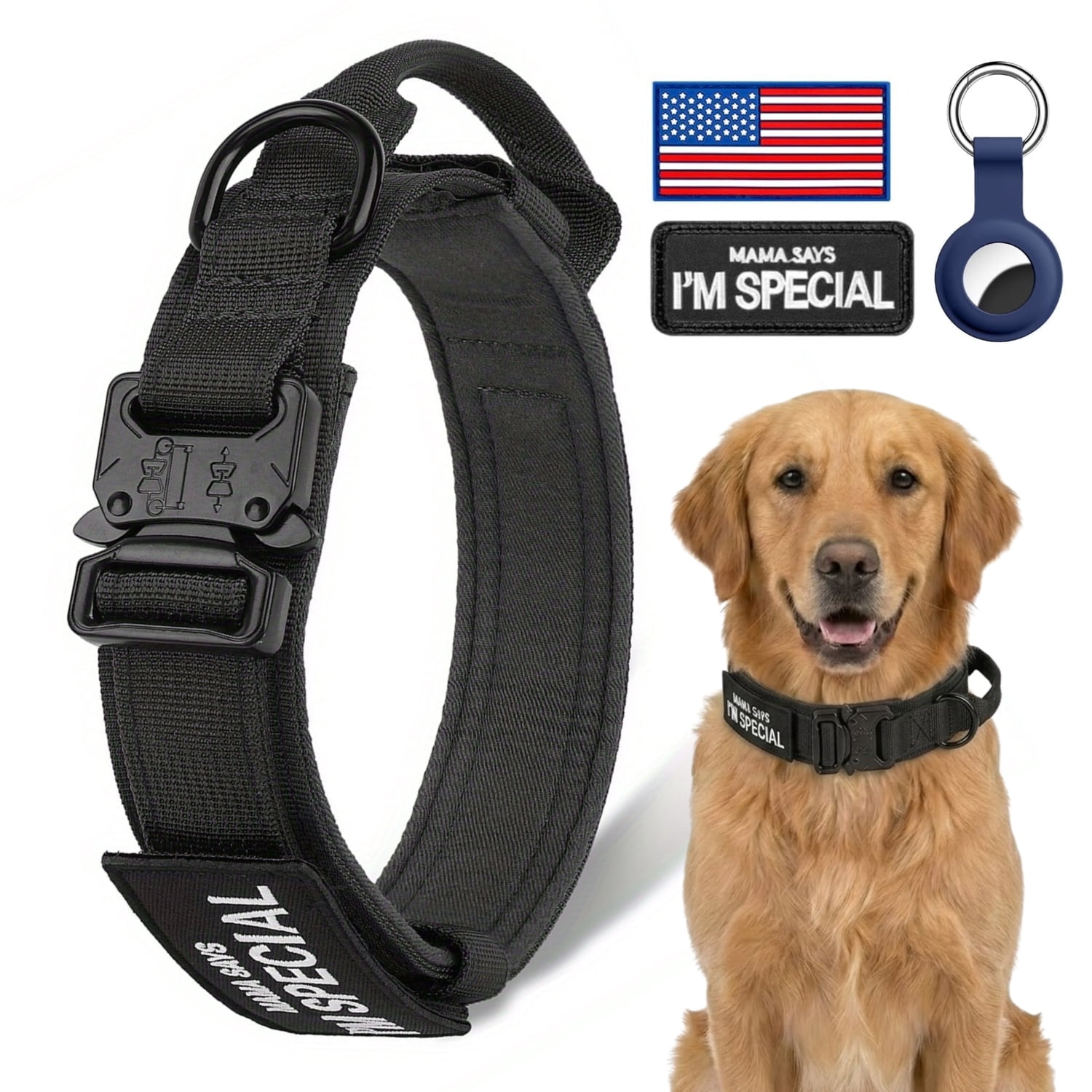 WAAYEEPAL Heavy Duty Nylon Dog Collar, Adjustable Training Collar with Control Handle, Sturdy Metal Buckle and AirTag Holder for Medium and Large Dogs (M, Black)