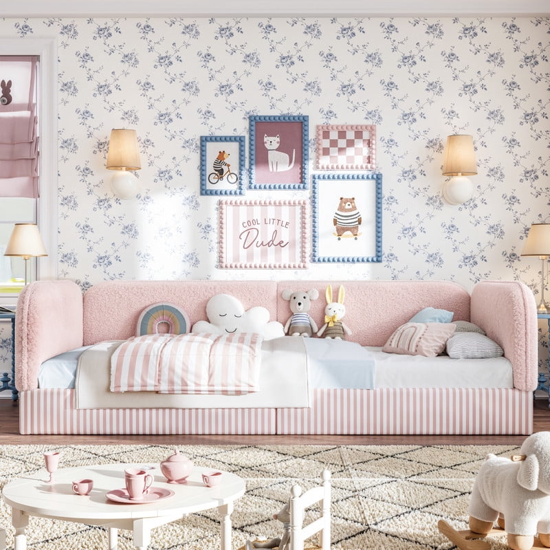Twin Size Upholstered Floor Daybed Frame for Kids, Half-Enclosed Montessori Platform Bed with 3-Sided Surrounding Guardrails