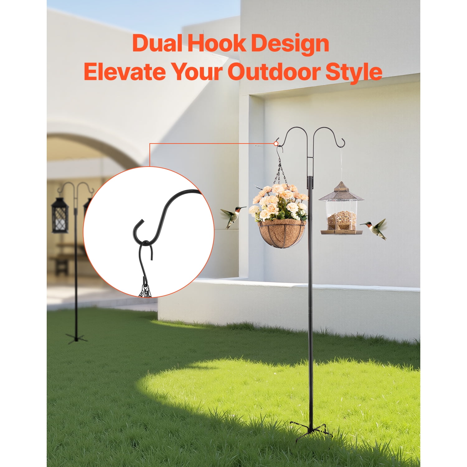KFFKFF Double Shepherds Hooks for Outdoor Use, Set of 8, 60-Inch Sturdy Bird Feeder Poles, 3/4 Inch Thick Garden Hooks for Hanging Feeders, Plant Baskets, Solar Lanterns, and Wind Chimes