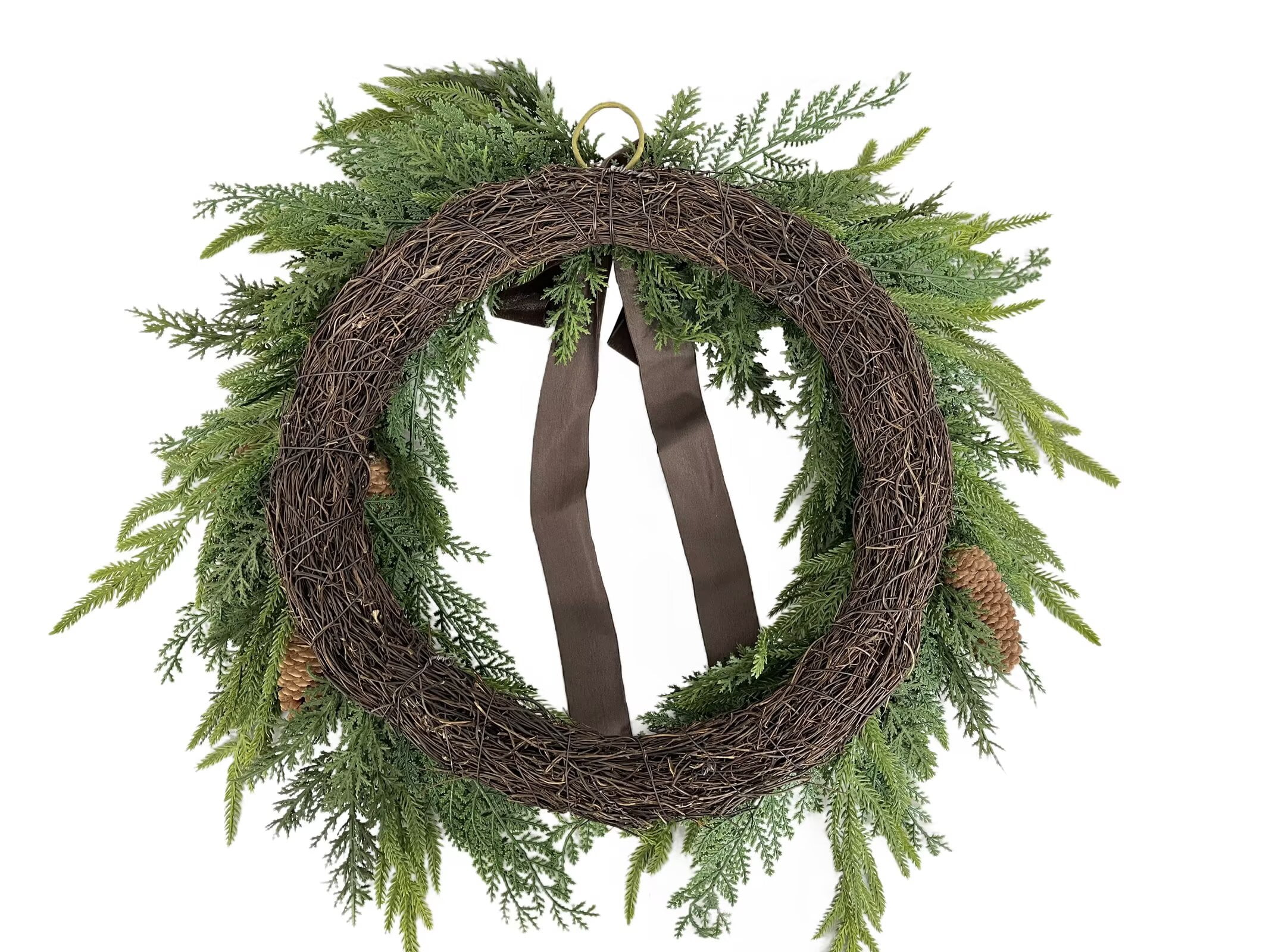 Cedar and Pinecones Christmas Wreath, Green and Brown, 22", by Guvpev