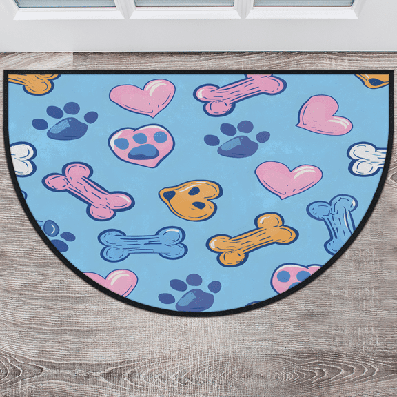 CURLYOOT Cute Dog Paw Bones Half Round Door Mat, Indoor Outdoor Entrance Rug, Blue Semi Circular Area Rug, Non Slip Washable Absorbent Doormat, Laundry Room Rug 40'' x 63''