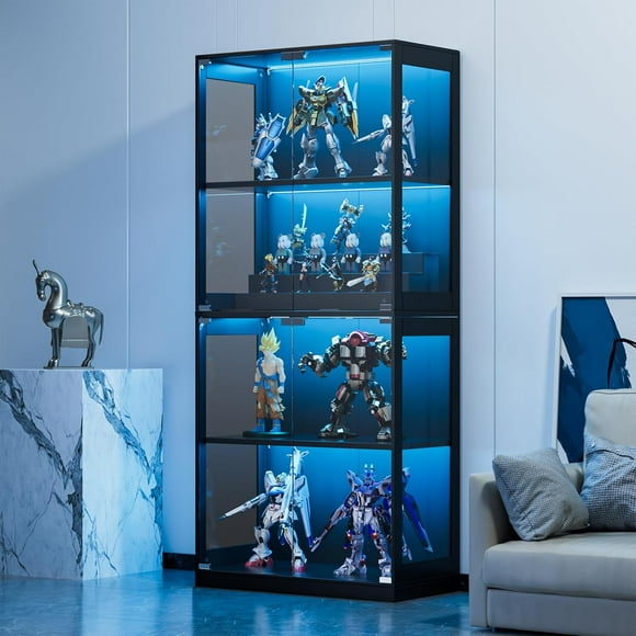 Slsy Display Cabinet with Glass Doors, 4-Tier Curio Cabinet with 6 Color Lights for Collectibles, Storage Display Case for Collectibles, Living Room, Bedroom, Office, Black