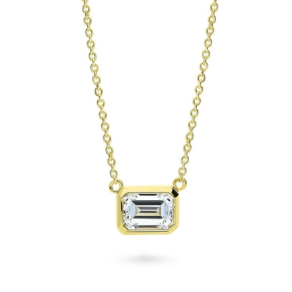BERRICLE Sterling Silver Solitaire 1 Carat Bezel Set Emerald Cut Cubic Zirconia CZ East-West Anniversary Pendant Necklace for Women, Yellow Gold Flashed 16 inch