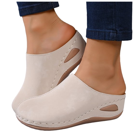 Rokment Womens Closed Toe Orthopedic Clogs Sandals with Arch Support Fashion Comfortable Suede Arch Support Platform Mules High Heels Backless Dressy Half Slippers Summer Fall Beige Size 6.5