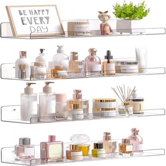 XIBUFE Acrylic Shelves for Bathroom Storage,15" Floating Shelves Wall Organizer for Perfume,Make Up,Skincare,Kids Bookshelf for Bedroom,Nursery,Living Room Decor,Clear,4 Pack