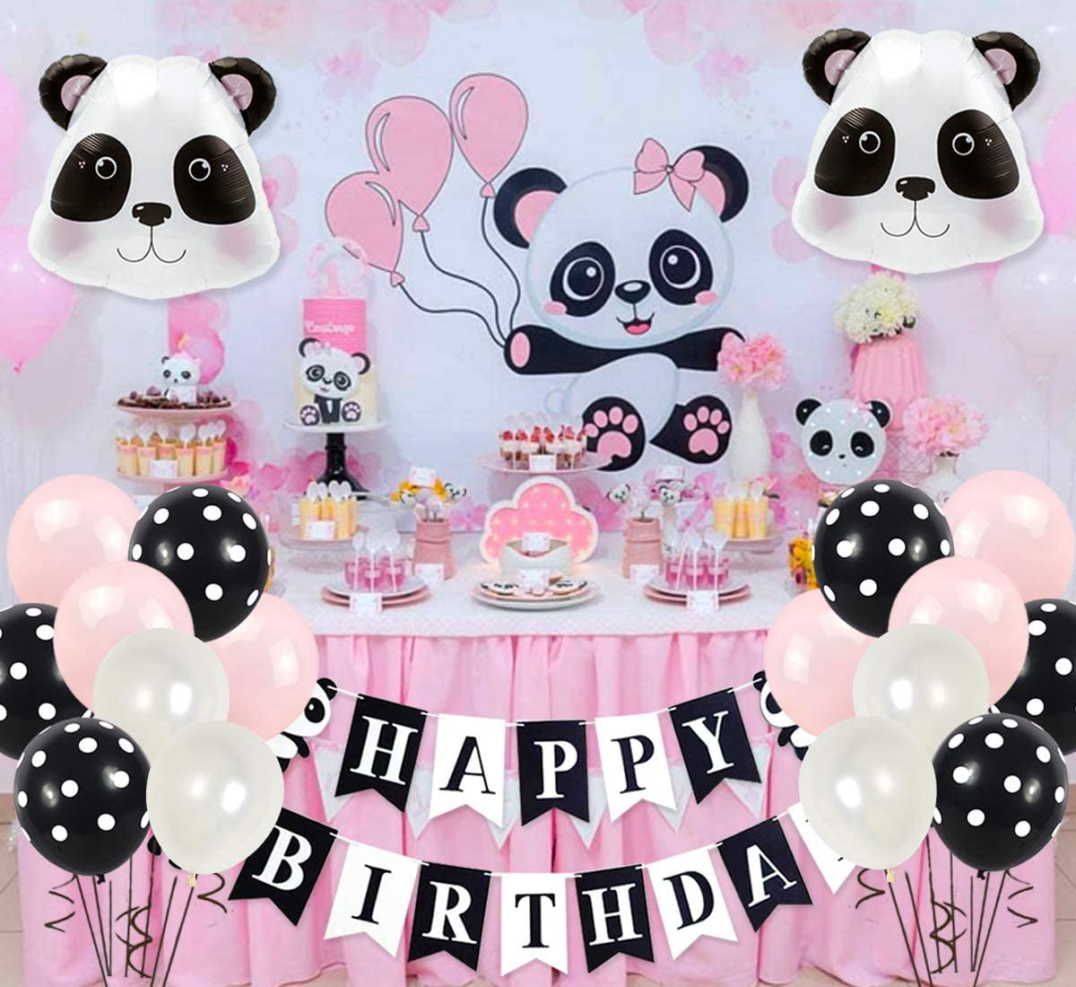 Panda Birthday Party Supplies For Girls Panda Head Foil Balloons Cake Toppers Pink Happy Birthday Banner For Baby Shower Birthday Decorations Walmart Com