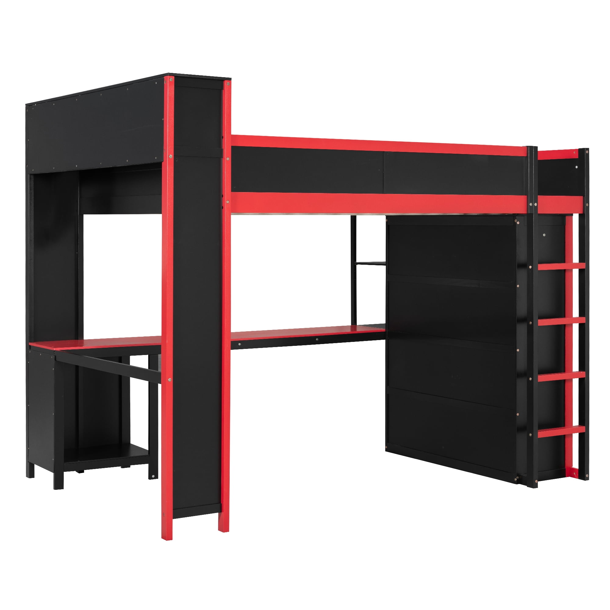 Euroco Wood Queen Size Loft Bed with Desk and Wardrobe, Gaming Bed with USB Ports,Black & Red