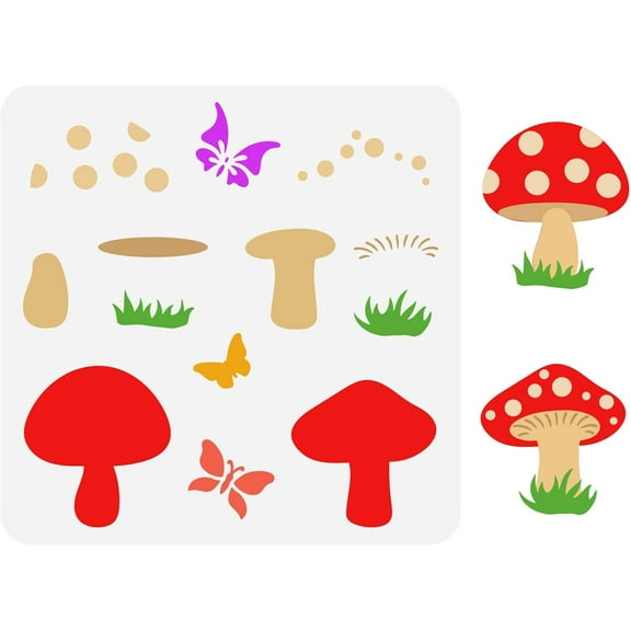 Mushrooms Stencil 30x30cm Plastic Reusable Butterflies Painting Stencils Large Mushroom Grass Drawing Stencils Templates for Painting on Fabric Tiles Floor Furniture Wood