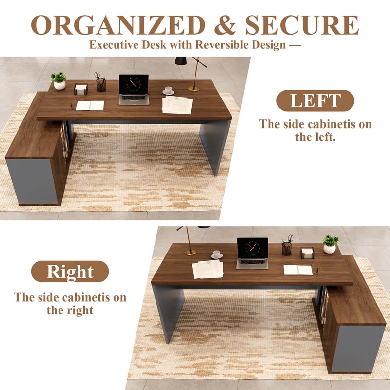 78.7" L Shaped Executive Desk Reversible Return with File Cabinet Drawers, Extra Large Modern Executive Desk Privacy Panel Workstation for Boss Managers Office Home,Walnut
