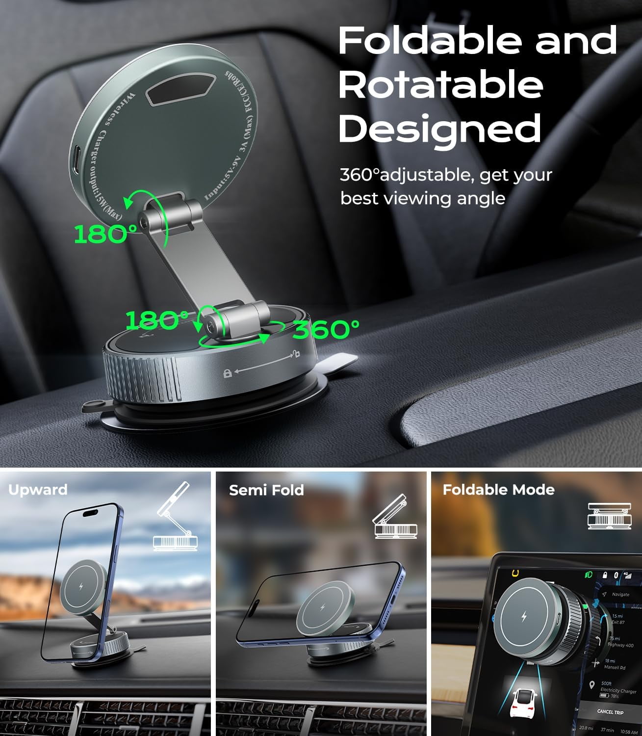 FHDFHD for MagSafe Car Mount Charger, 15W Wireless Charger Stand with Vacuum Suction Cup, Magnetic Phone Holder for Car, for iPhone 17 Pro Max 16-12 & Android, 360°Adjustable & Foldable Phone Stand