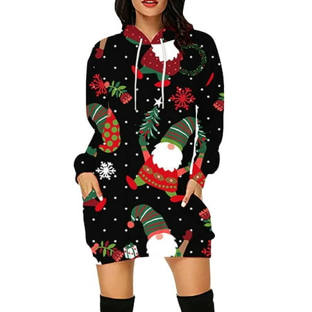 Lilgiuy Women Casual Loose Long Sleeve Printing Drawstring Hooded Dress Black Fall Dresses for 2022 Spring Winter