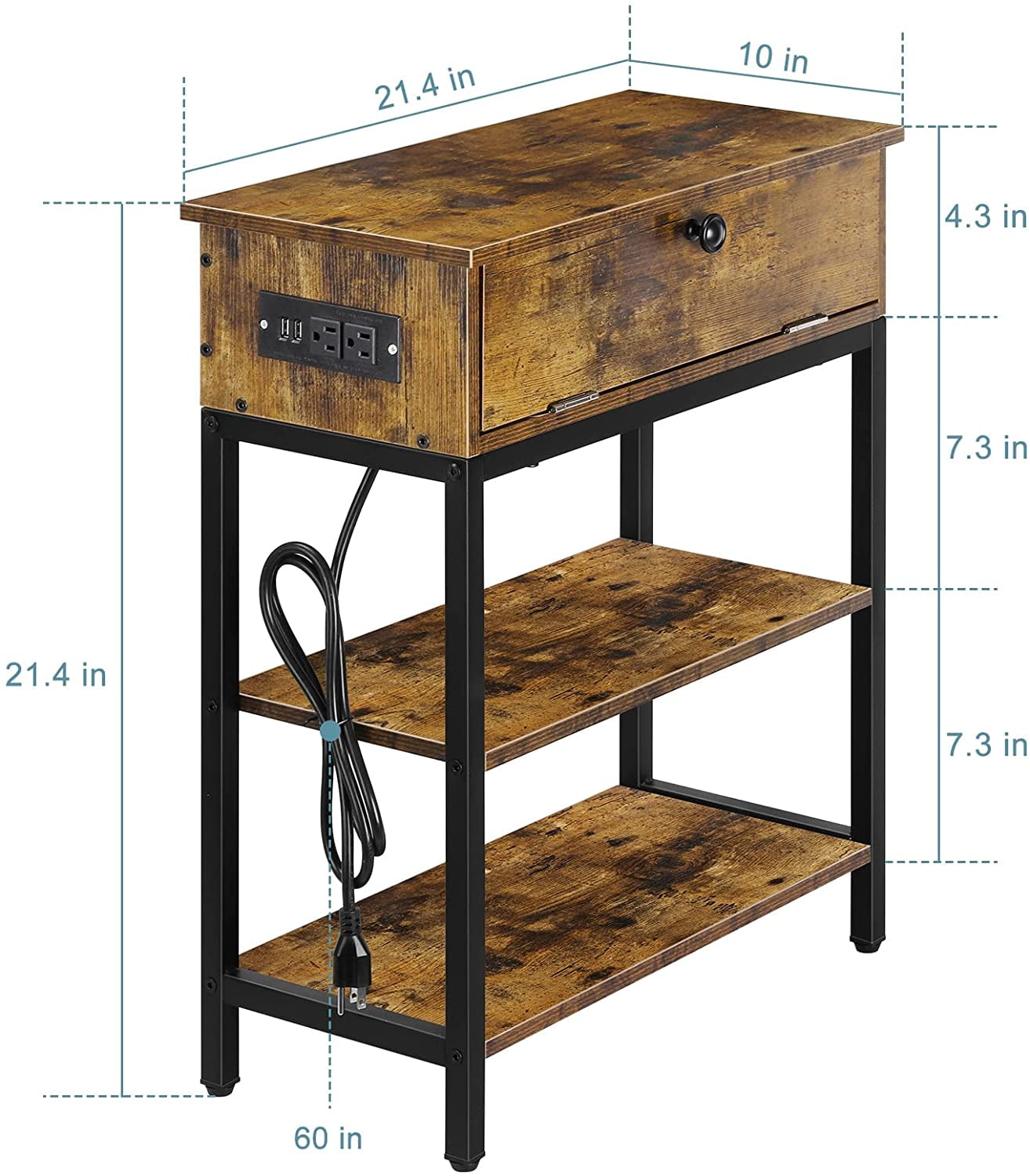 Oumilen End Table with Drawer and Charging Station, Brown