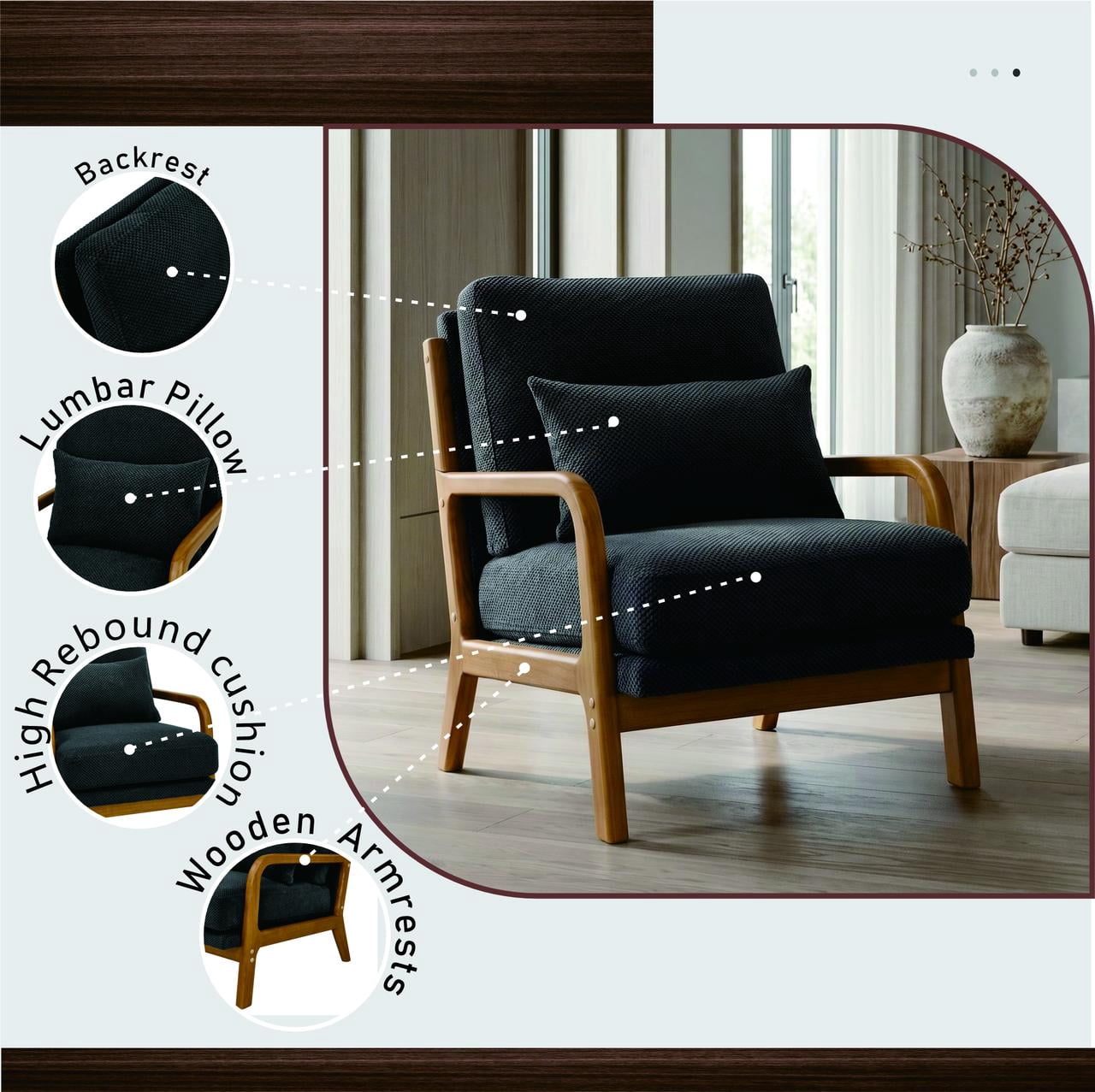 Homy Casa Mid-Century Modern Reading Chair, Upholstered Accent Armchair with Wood Frame, Dark Gray