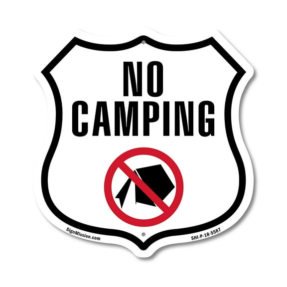 No Camping 12 inch X 12 inch Shield-Shaped Rust-Free Aluminum Metal Sign Weather Resistant Made in the USA