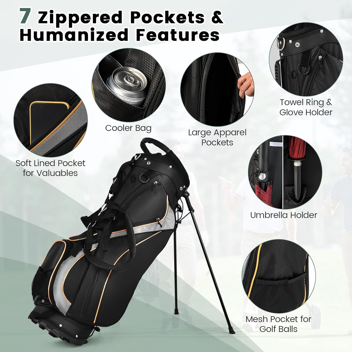 NIUMU Golf Stand Bag with 8 Way Top Dividers, Lightweight Golf Bag with Detachable Dual Strap & 7 Pockets, Rain Hood, Portable Golf Bag for Men & Women, Black