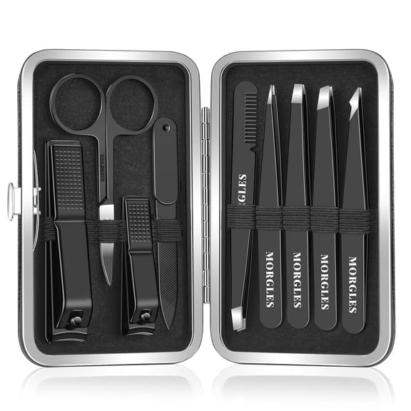 MORGLES 9Pcs Tweezers & Nail Clipper Set - Stainless Steel Kit with Scissors, File & Leather Case, for Facial Hair, Ingrown Hair, Manicure - Gift for Women Men