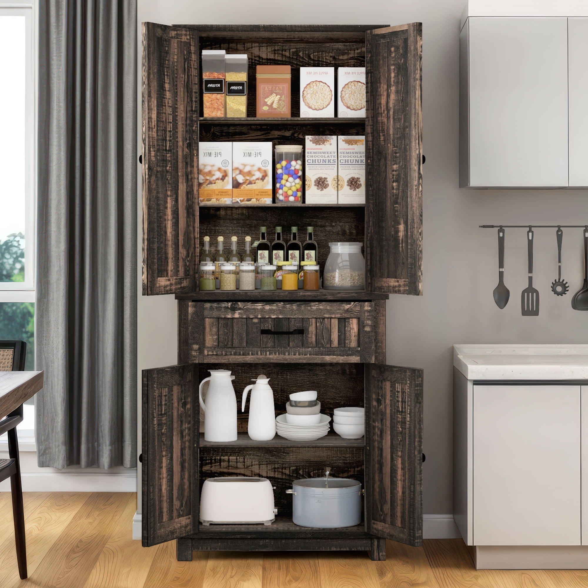 Dextrus Kitchen Pantry Cabinet with Doors and Drawer, Pantry Cabinet with Adjustable Shelves for Kitchen, Living Room, Dining Room, Dark Oak