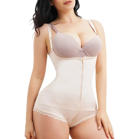 

Irisnaya Women s Latex Waist Trainer Bodysuit Slim Full Body Shaper Zipper Shapewear Open Bust Corset Faja Corset Lace Panty(Beige Medium)