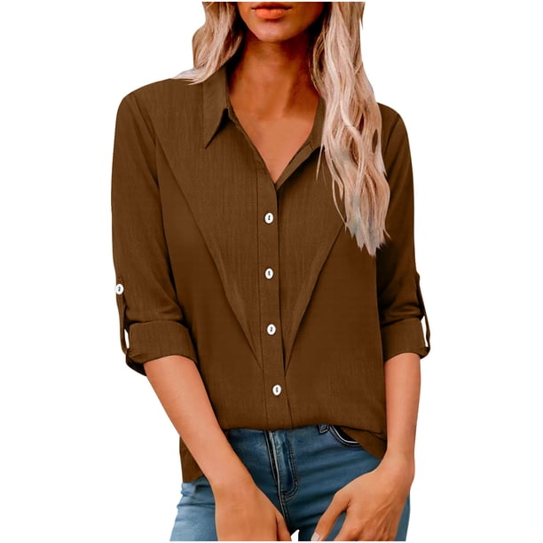 Camisas de Manga Larga para las Mujeres Botón de Solapa de Ajuste Suelto Delantero Blusa de Túnica de Imitación de Lino, Camisas de Manga Larga para las Mujeres Bajo Scrubs