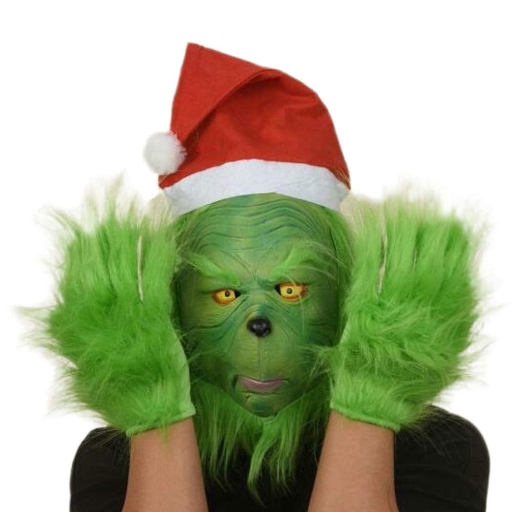 Grinch Mask,Green Latex Full Head Mask Christmas Mask Santa Hat Christmas Costume Props Scary Latex Mask Cosplay Costume Accessories for Adult Fancy Dress 