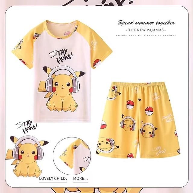 Conjunto de ropa de verano de Pokémon Pikachu para niños y niñas, camiseta de manga corta, pantalones cortos, chándal deportivo, conjuntos de pijamas qym unisex