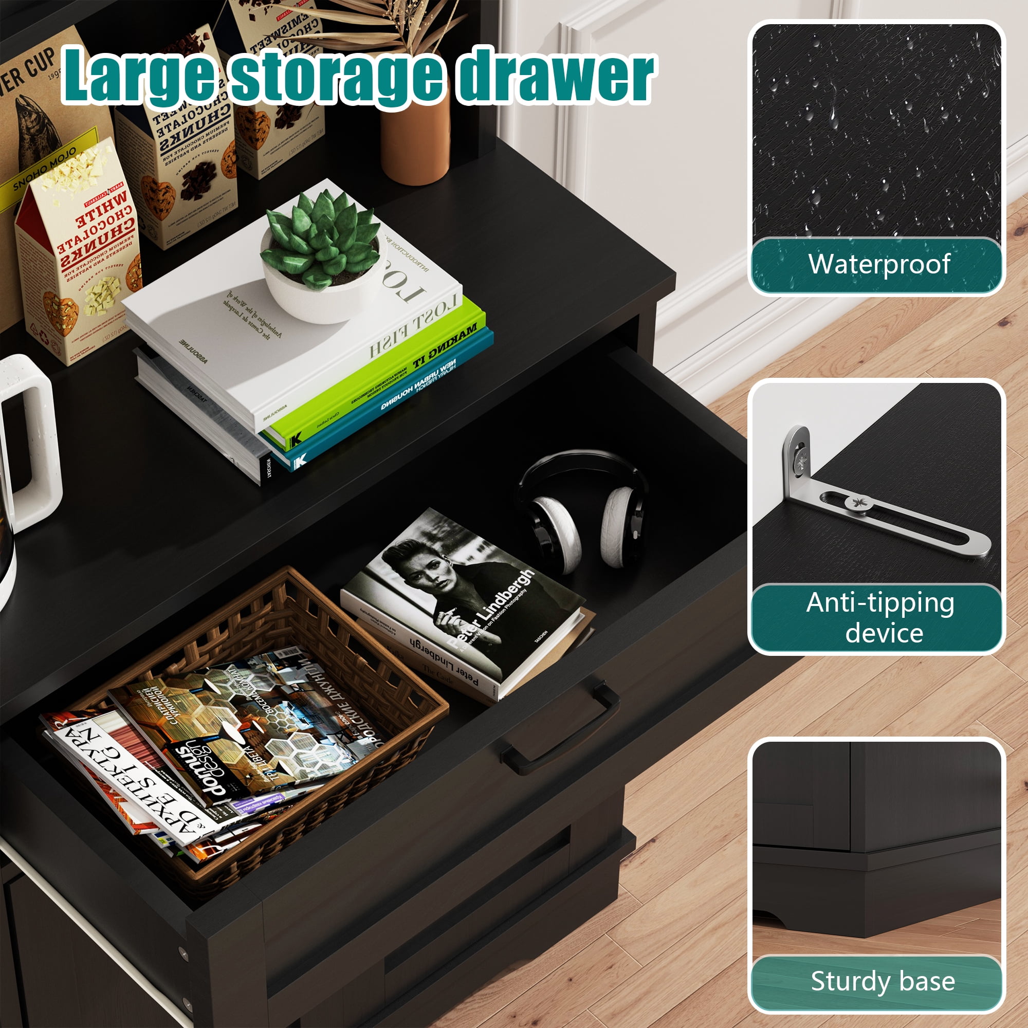 Walsunny Pantry Cabinet with Microwave Shelf Doors Drawer for Kitchen Storage 68" Tall Kitchen Food Cabinet Pantry Organizer Shelves Coffee Bar Cabinet with Hutch Black