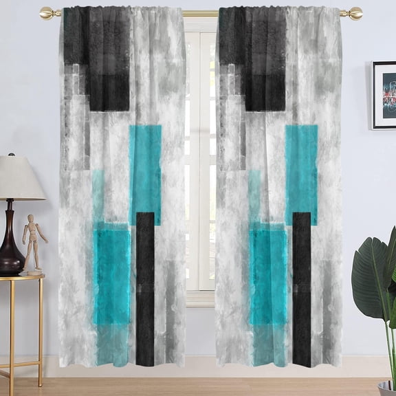 Teal Black and Grey Window Curtain Turquoise Aqua Gray Silver White Geometric Abstract Simple Art Living Room Bedroom Window Drapes Treatment Fabric 1 Pair Home Decor, 42" W x 84" L, Modern